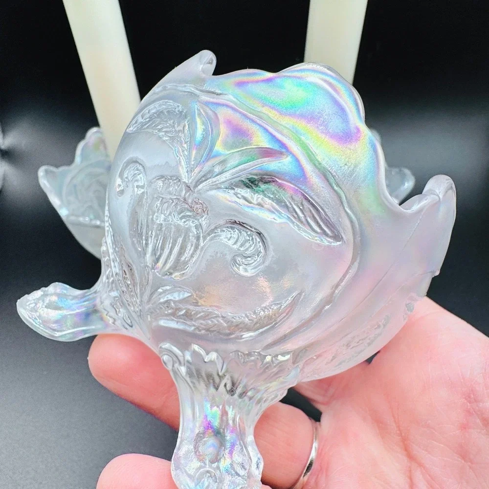 Imperial Iridescent White Carnival Glass Vtg. Floral Candle Console Set 3 Footed